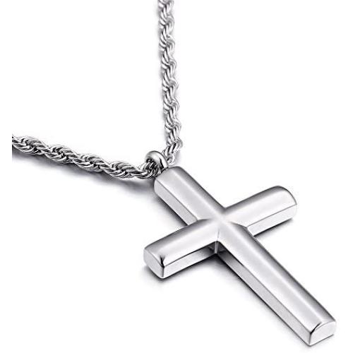Molike Simple Stainless Steel Cross Pendant Necklace Men Women, 20-24 Inch Twist Rope Chain