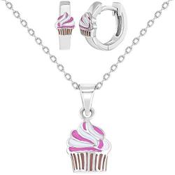 925 Sterling Silver Pink Cupcake Jewelry Set Necklace Earrings Girls 16''