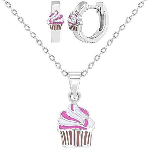925 Sterling Silver Pink Cupcake Jewelry Set Necklace Earrings Girls 16''