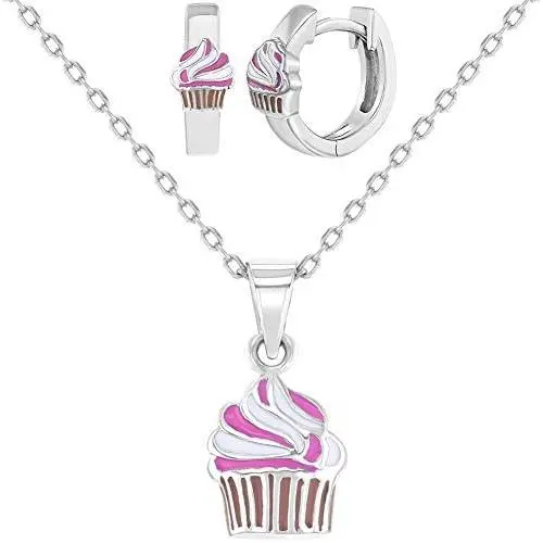 925 Sterling Silver Pink Cupcake Jewelry Set Necklace Earrings Girls 16'' 925 Sterling Silver Pink Cupcake Jewelry Set Necklace Earrings Girls 16''
