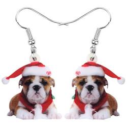 DOWAY Acrylic Christmas Hat Suits French Bulldog Earrings Pet Dog Dangle Drop Jewelry for Women Girls Charm Gift