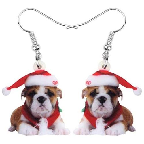 DOWAY Acrylic Christmas Hat Suits French Bulldog Earrings Pet Dog Dangle Drop Jewelry for Women Girls Charm Gift