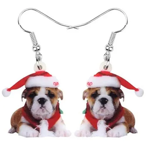DOWAY Acrylic Christmas Hat Suits French Bulldog Earrings Pet Dog Dangle Drop Jewelry for Women Girls Charm Gift