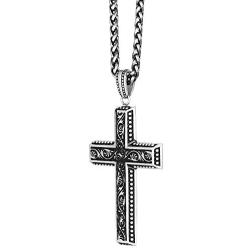 Mens Stainless Steel Antique Cross Pendant - 24 Inch Box Chain