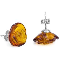 Amber Sterling Silver Carved Rose Stud Earrings.