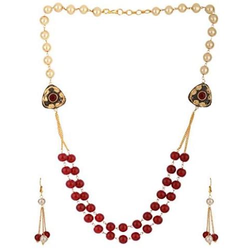 Efulgenz Muti Layered Indian Bollywood Kundan Red Faux Ruby Pearl Beaded Bridal Necklace Earrings Wedding Jewelry Set
