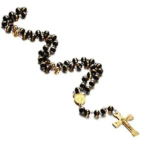 Christian Catholic Black Silver Stainless Steel Beads Crucifix Religious Long Rosary Necklace Christian Catholic Black Silver Stainless Steel Beads Crucifix Religious Long Rosary Necklace