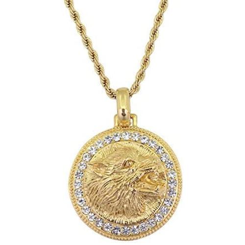 Moca Jewelry Hip-Hop Wolf Head Pendant Stainless Steel Chain Rhinestone Crystal Necklace for Men Women