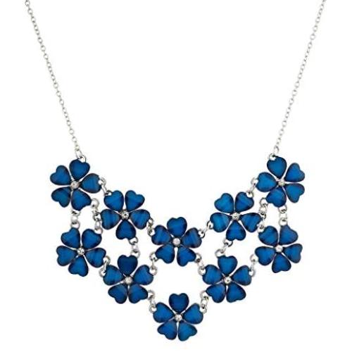 LUX ACCESSORIES Silvertone n Blue Acrylic Flower Floral Mini Statement Necklace