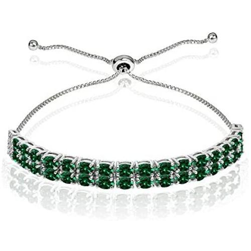 Sterling Silver Genuine, Created or Simulated Gemstone Oval-Cut Two Row Adjustable Tennis Bracelet