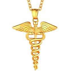U7 Nurse RN Caduceus Necklace MD Gift Stainless Steel Nursing Angel Pendant, Chain 22''