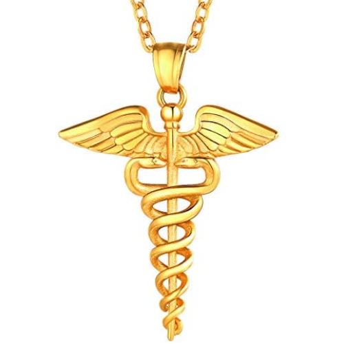 U7 Nurse RN Caduceus Necklace MD Gift Stainless Steel Nursing Angel Pendant, Chain 22''
