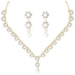 HapiBuy Crystal Pearl floral Design Wedding Jewelry Set Necklace and Earring for Women and Brides Gold Color