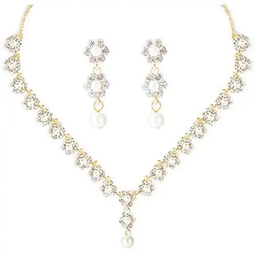 HapiBuy Crystal Pearl floral Design Wedding Jewelry Set Necklace and Earring for Women and Brides Gold Color HapiBuy Crystal Pearl floral Design Wedding Jewelry Set Necklace and Earring for Women and Brides Gold Color