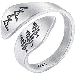 LOVECOM 925 Sterling Silver Mountain & Cedar Open Rings for Women Men Couple Wedding Bands Vintage Nature Tree and Mountain Plants Hugging Wrape Rings Girls Silver Jewelry Gifts