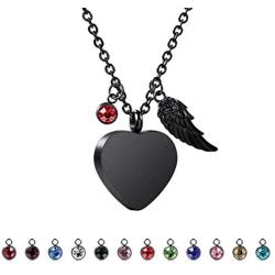 VIBOOS Heart Angel Wing Pendant Urn Necklace Birthstones for Men Women Boys Girls Dog Cat Pet Stainless Steel Ashes Necklace Memorial Keepsake Cremation Funnel Kit Jewelry