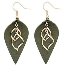 MANZHEN Leather Leaf Teardrop Earrings with Double Linear Loops Twist Wave Dangle Earrings