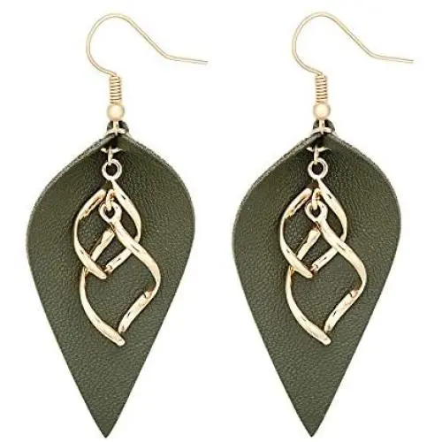 MANZHEN Leather Leaf Teardrop Earrings with Double Linear Loops Twist Wave Dangle Earrings MANZHEN Leather Leaf Teardrop Earrings with Double Linear Loops Twist Wave Dangle Earrings