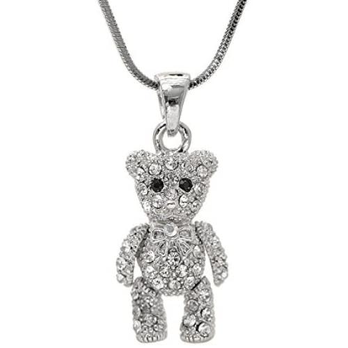 Spinningdaisy Crystals Silver Plated Movable Teddy Bear Necklace