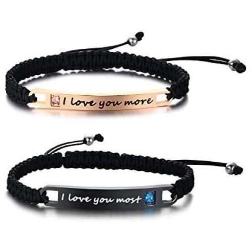 XUANPAI Custom Engraving Handmade Matching Couples Rope Braided ID Relationship Promise Bracelets Set Valentines Day Personalized Gift for Couples Lover