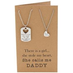 Quan Jewelry Father and Daughter Necklace Set, Dog Tag and Heart Charms Inspirational Gifts with Greeting Card
