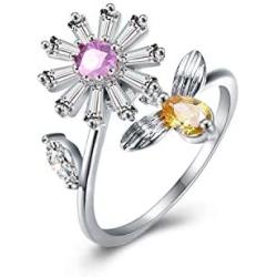 Adjustable Womens Band Birthstone Ring Cubic Zirconia Anti-Anxiety Open Flower and Bee Spinning Rings Girls Rotatable Calming Worry Meditation Ring Birthday Christmas Jewelry Gifts for Relieving Boredom ADHD, Anxiety,Autism