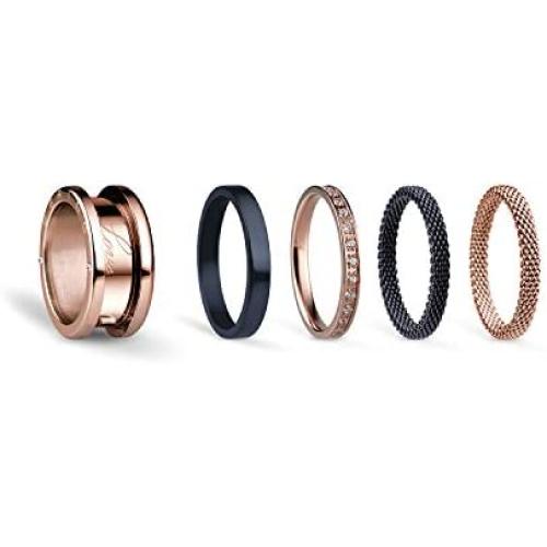 BERING Interchangeable Rose Gold, Black & Blue Colored Twist and Change Womens Rings Set