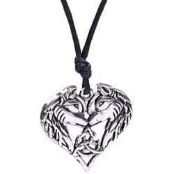 Wicca Norse Viking Trinity Irish Knot Heart-Shaped Double Wolf Head Pattern Pendant Necklace