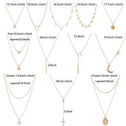 Dremcoue 12 Pcs Layered Choker Necklace for Women Girls Handmade Dainty Chain Necklace Set Pearl Coin Circle Bar Moon CZ Star Pendant Necklace