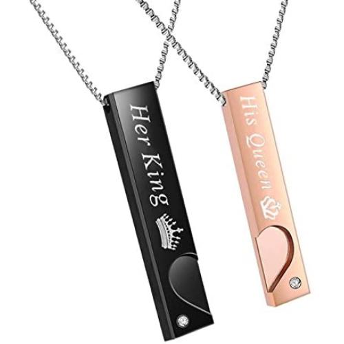 Gift for Lover His Queen Her King Stainless Steel Couple Bracelets for Women Men Jewelry Matching Set (His Queen Her King Necklace)
