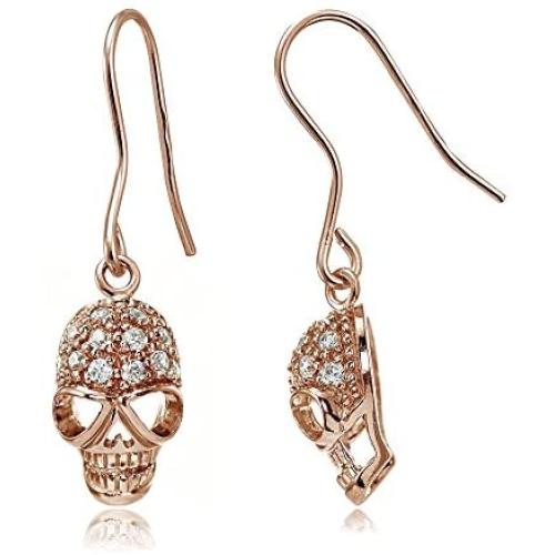 Sterling Silver Cubic Zirconia Skull Head Dangle Earrings