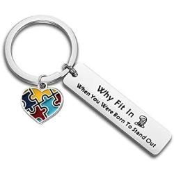 WUSUANED Autism Awareness Puzzle Piece Keychain Why Fit in When You were Born to Stand Out Gift for Autistic