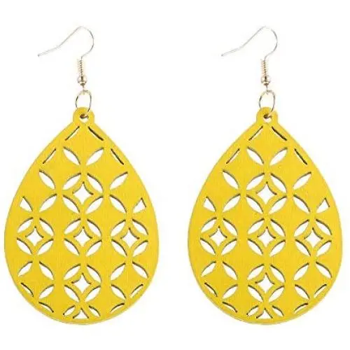 SMALLLOVE Bohemian Wooden Hollow African Earrings for Women Girls Natural Light Weight Wood Teardrop Drop Dangle Hook Earrings