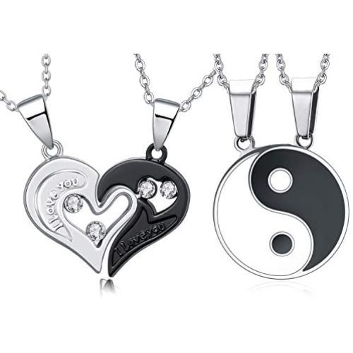 Couple Necklace Pendant Yin Yang Love Heart CZ Puzzle Matching Couple Gift for Him and Her