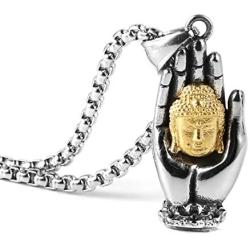 HZMAN Men Women Meditation Buddha Necklace Stainless Steel Head & Praying Hand Pendant Necklace Yogi Jewelry