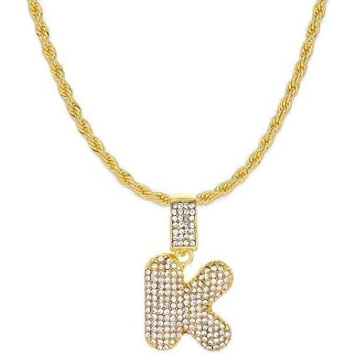 FW Jewelry Iced Out Bling Hip Hop Silver Gold Diamond Bubble Initial Letter Pendant Tennis Chain Necklaces A to Z 20 Inches