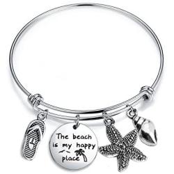 SEIRAA The Beach is My Happy Place Bracelet Expandable Stainless Steel Bangle Beach Jewelry for Beach Lover