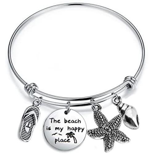 SEIRAA The Beach is My Happy Place Bracelet Expandable Stainless Steel Bangle Beach Jewelry for Beach Lover