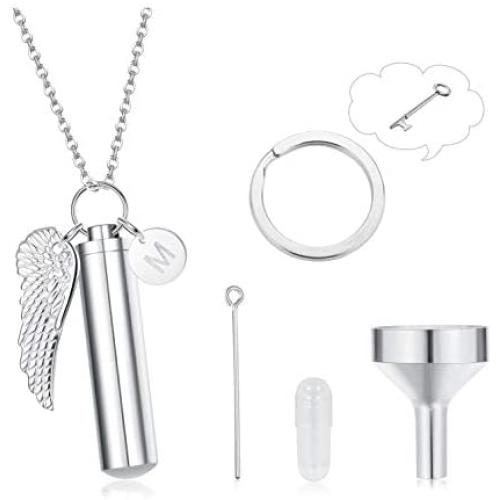 LOYALLOOK Urn Necklaces for Human Pet Ashes Angel Wing Cylinder Memorial Urn Necklace Stainless Steel Cremation Jewelry Urn Keychain for Ashes
