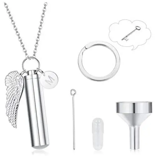 LOYALLOOK Urn Necklaces for Human Pet Ashes Angel Wing Cylinder Memorial Urn Necklace Stainless Steel Cremation Jewelry Urn Keychain for Ashes