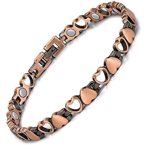 Feraco Women Copper Magnetic Bracelet Magnet Therapy Bracelets Pain Relief for Arthritis Love Heart 99.99% Solid Copper Jewelry Adjustable with 2 Buckets