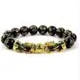 4 Pieces Feng Shui Golden Pi Xiu Bead Chinese Bracelet Hand Carved Black Obsidian Amulet Bead Mantra Stone Adjustable Elastic Bangle for Mens Women Attracting Wealth Good Luck Jewelry