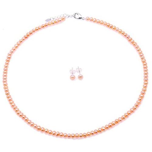 JYX Pearl Necklace Set AA+ 4-5mm Tiny Pink Freshwater Cultured Pearl Necklace Bracelet and Earrings Set for Women and Girls