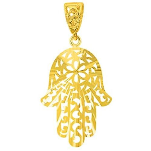 14k Solid Yellow Gold Textured Filigree Hamsa Hand of Fatima Pendant