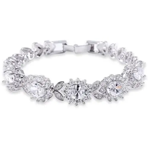 GULICX Womens Gold Plated 5 Oval Cubic Zirconia Tennis Link Blue Bracelet for Women