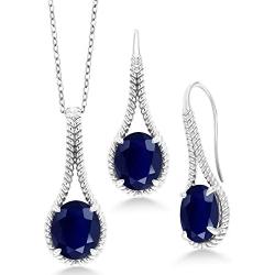Gem Stone King 15.00 Ct Oval Blue Sapphire 925 Sterling Silver Pendant Earrings Set With Chain