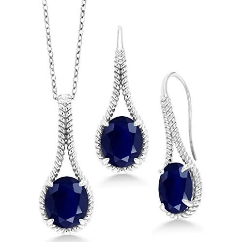 Gem Stone King 15.00 Ct Oval Blue Sapphire 925 Sterling Silver Pendant Earrings Set With Chain
