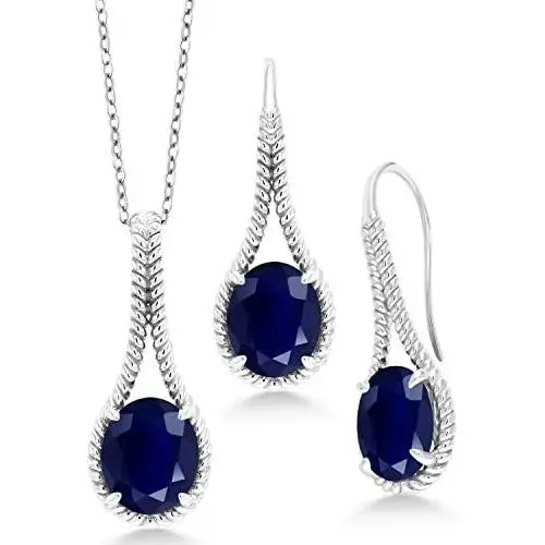 Gem Stone King 15.00 Ct Oval Blue Sapphire 925 Sterling Silver Pendant Earrings Set With Chain