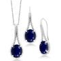 Gem Stone King 15.00 Ct Oval Blue Sapphire 925 Sterling Silver Pendant Earrings Set With Chain