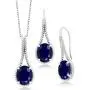Gem Stone King 15.00 Ct Oval Blue Sapphire 925 Sterling Silver Pendant Earrings Set With Chain